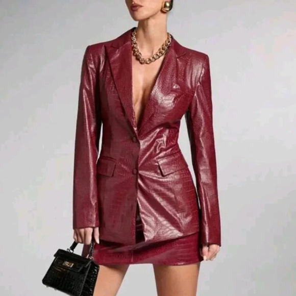 Woman Costume Burgundy Blazer Jacket Red PU Leather Jacket Concert Outfits - Picture 6 of 6